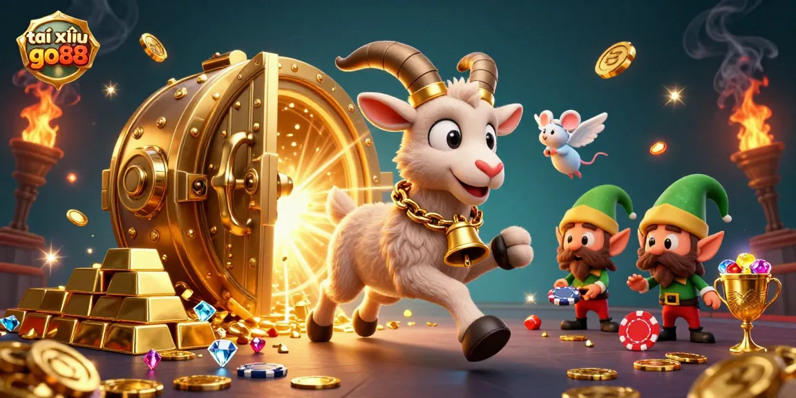 Tài xỉu go88 themed illustration showing a whimsical casino scene with characters and sparkling treasures.