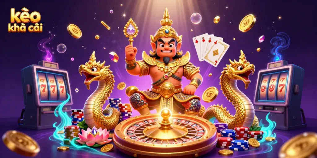 Engaging kèo nhà cái scene featuring a Thai guardian, Naga companions, and exciting casino elements.
