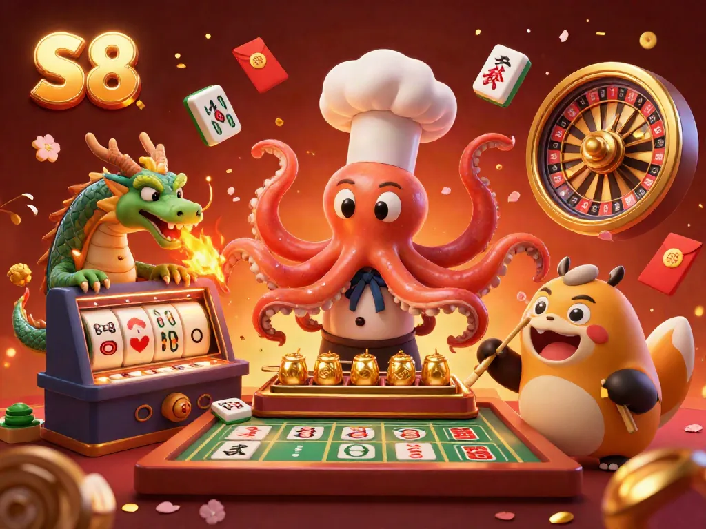 Experience the vibrant S8 casino with exciting slot reels and dynamic characters.
