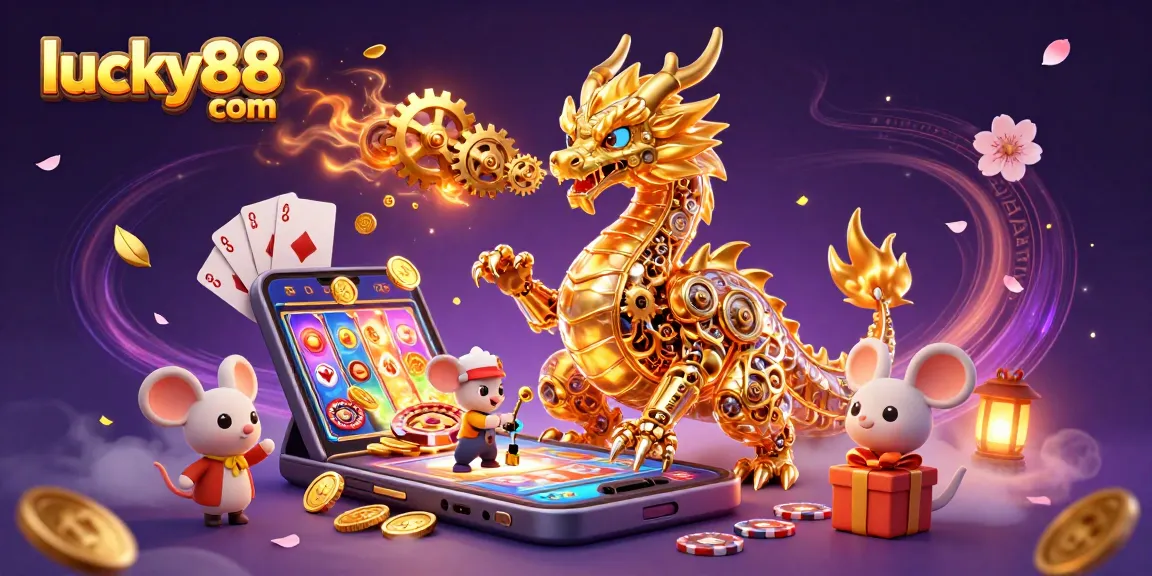 Experience thrilling games at lucky88 com with a golden dragon and vibrant casino elements.