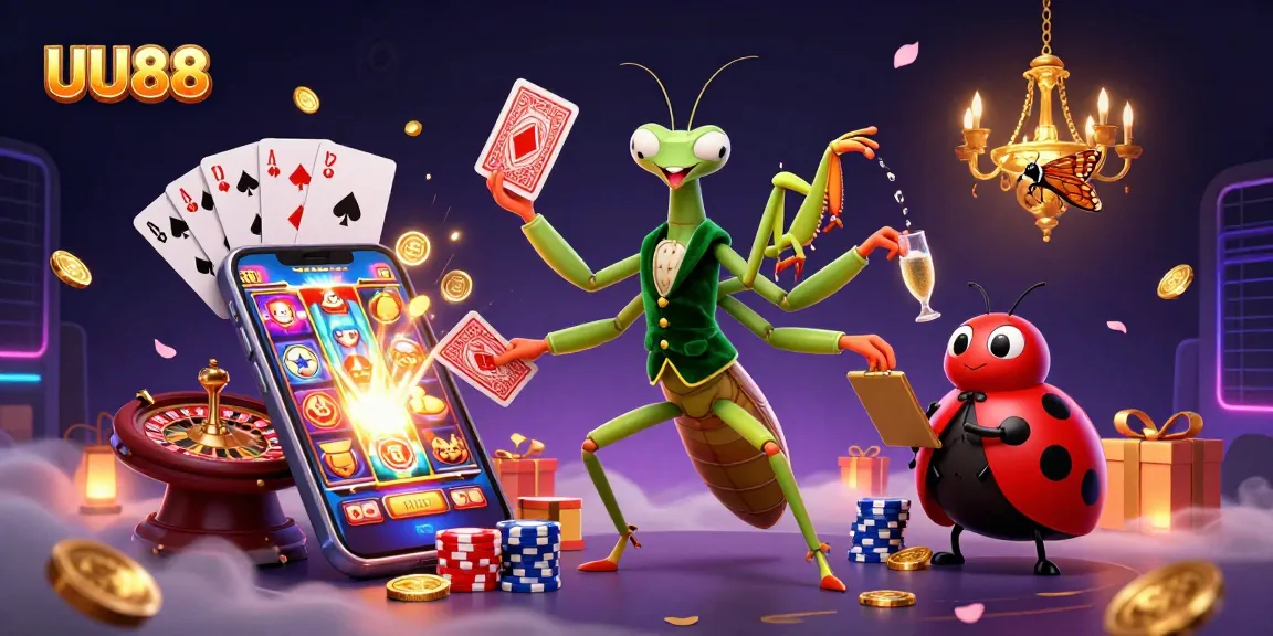 UU88 showcases thrilling card games being dealt by a giant mantis, highlighting engaging casino excitement.