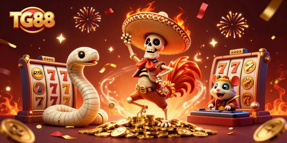 TG88 showcases a vibrant 3D casino scene featuring a dancing rooster and thrilling slot game elements.