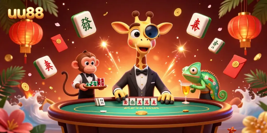Experience the excitement of uu88 casino action with a giraffe, monkey, and chameleon in a vibrant scene.