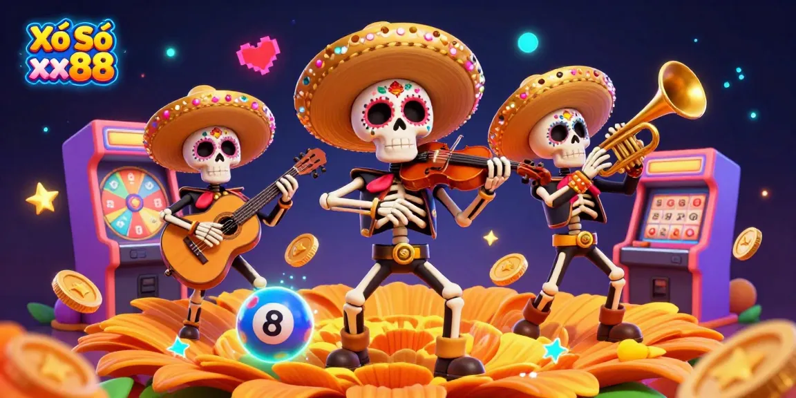 Xổ Số xx88 vibrant illustration featuring a mariachi band amidst lottery game elements in a colorful arcade.
