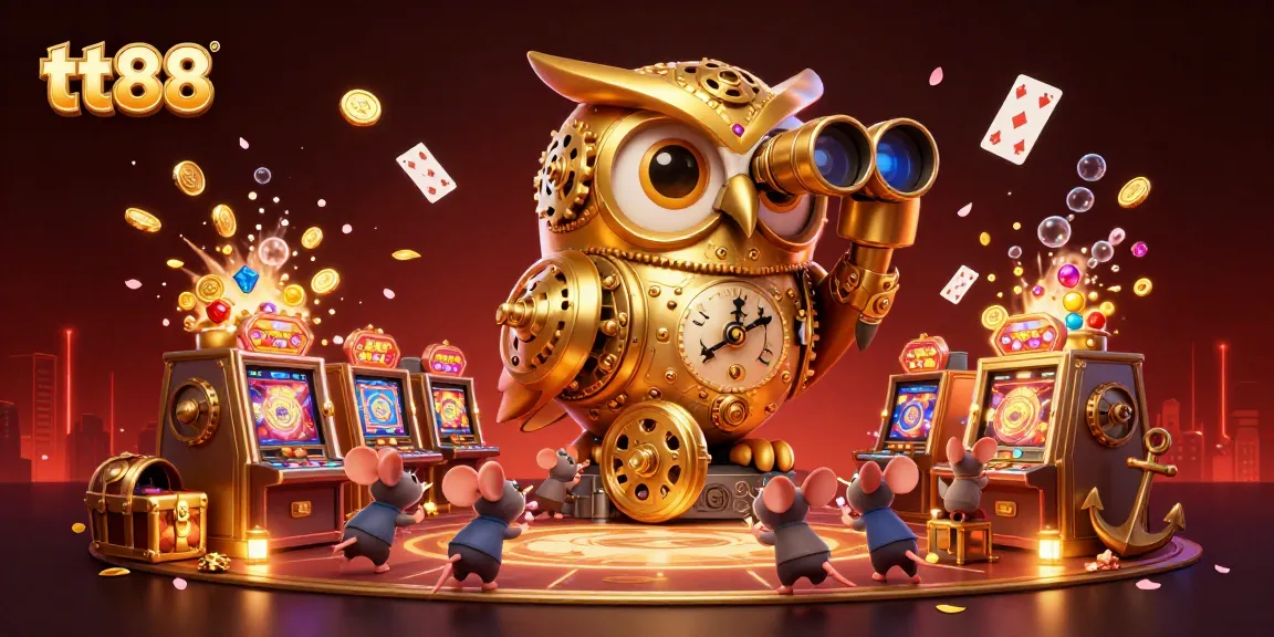 Engaging tt88 gaming scene with a dynamic clockwork owl and vibrant casino elements.