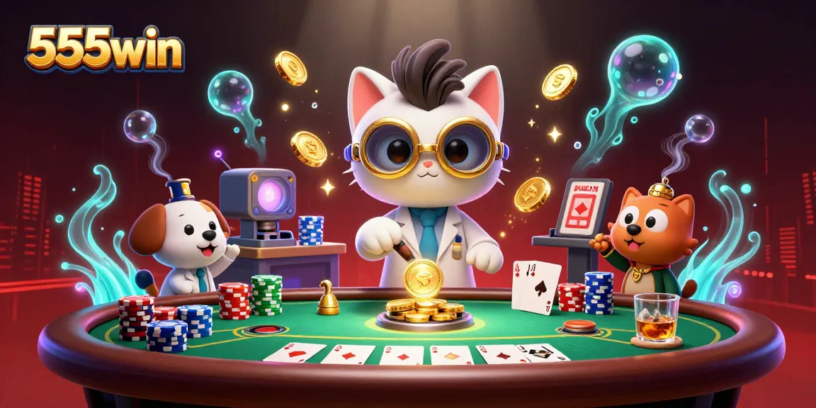 Experience the excitement of 555win as mad scientist cat creates riches at a vibrant casino table