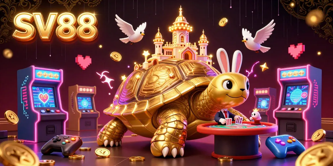 Experience the thrilling world of SV88 with a vibrant casino scene illustrating a rabbit dealer and golden tortoise!