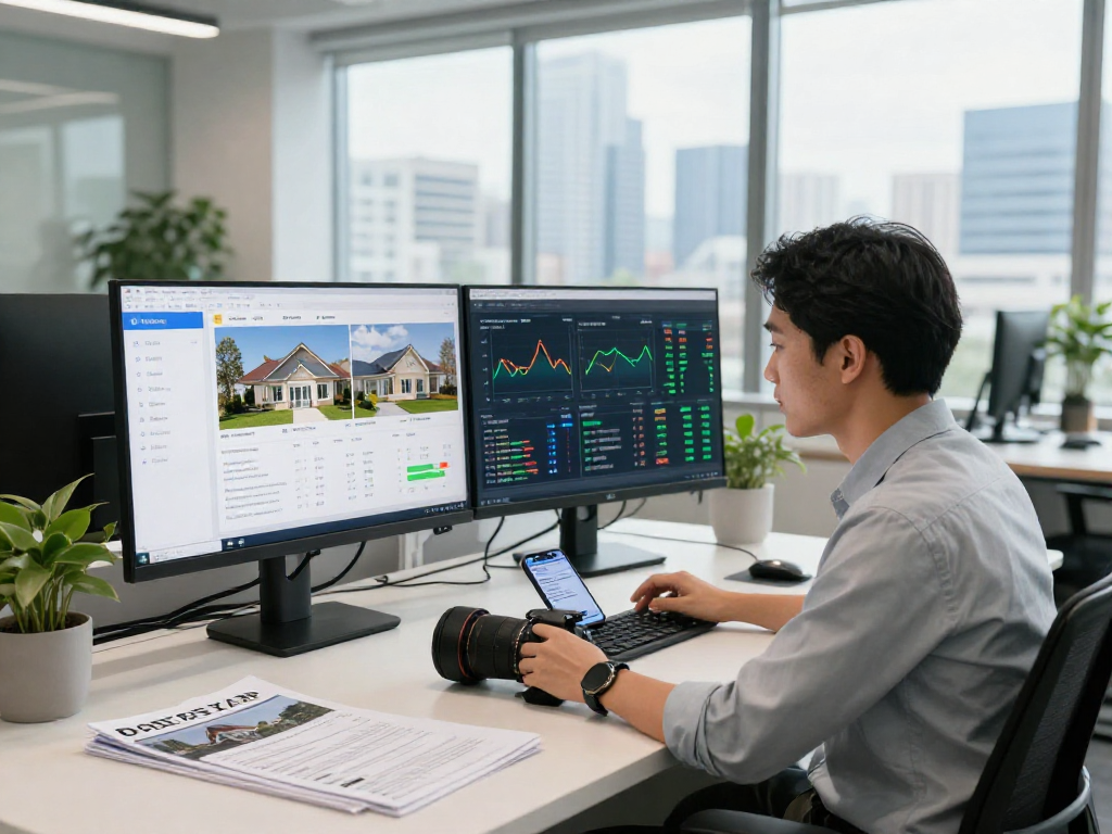 Real estate professional analyzing IDXSTAR platform data in a modern office environment.