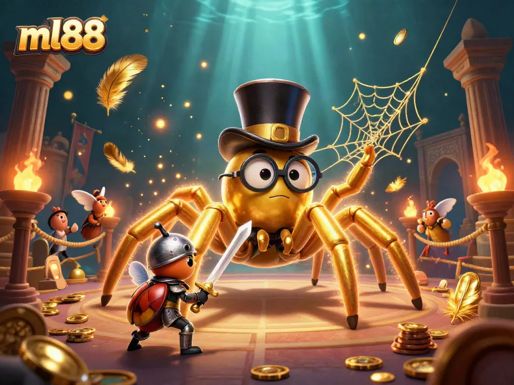Join the exciting world of ml88 casino gaming with a 3D illustration of a golden tarantula and beetle knight.