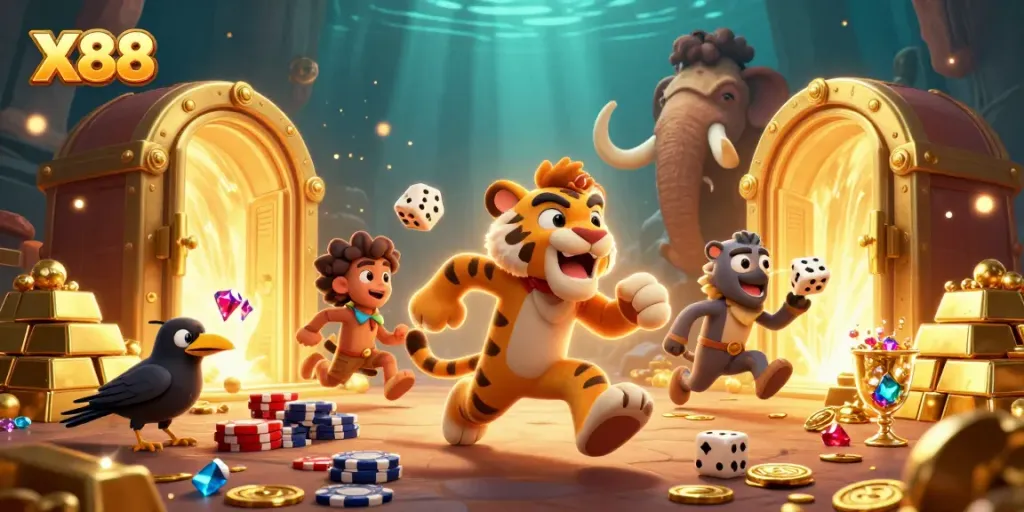 X88 brings the thrill of a prehistoric casino with a caveman and sabertooth tiger duo amid treasures.