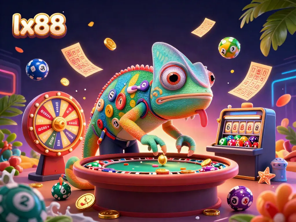 Engage with lx88 thrilling casino elements in a vibrant 3D chameleon-themed illustration.
