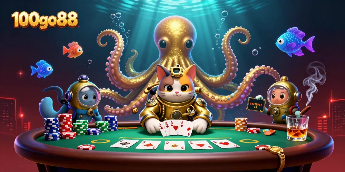 Engage with 100go88 as the kraken rises, surrounded by vibrant poker elements and underwater glow effects.