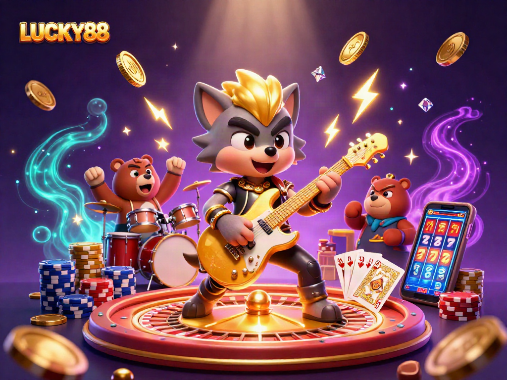 Experience the excitement of LUCKY88 with vibrant casino characters and dazzling game elements.