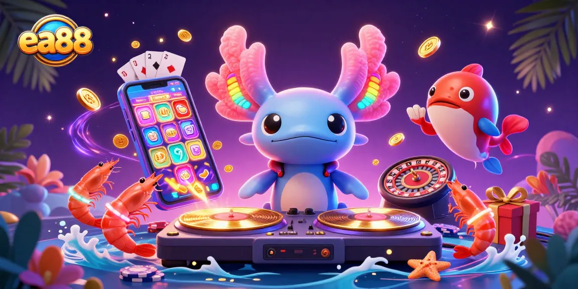 Play colorful slot games with ea88 featuring lively characters in a vibrant casino scene.