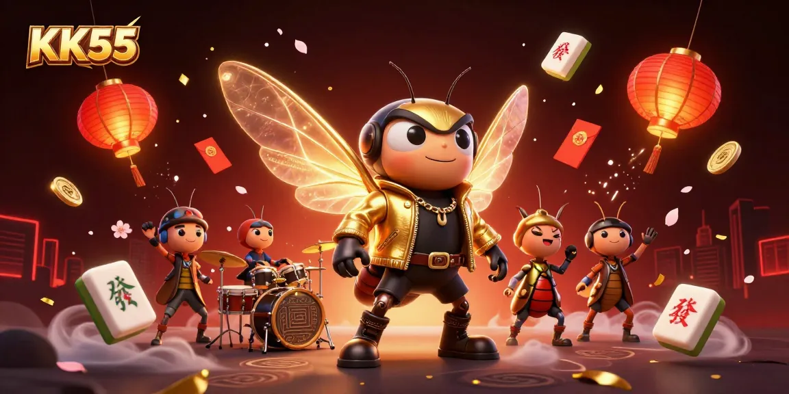 Experience the excitement of KK55 with a vibrant 3D casino scene featuring dynamic characters and festive elements.