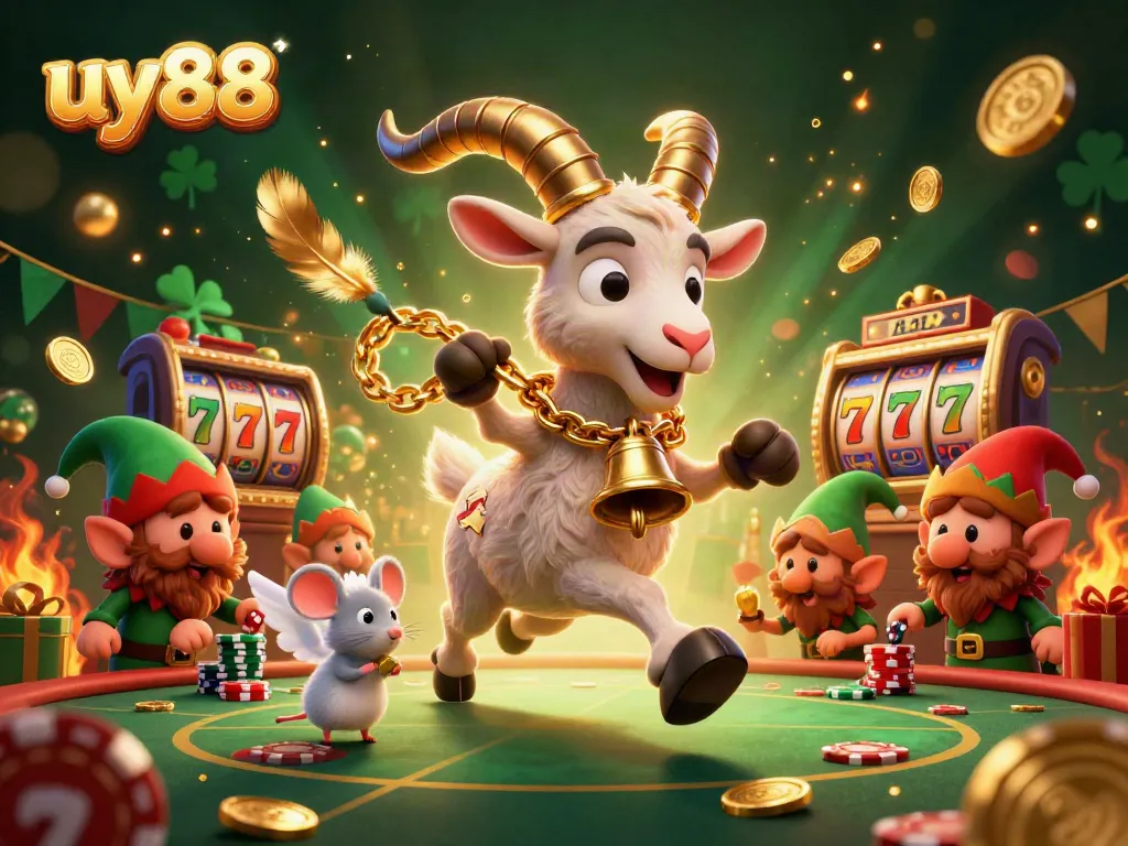 uy88 casino scene with Krampus goat, mouse, and gremlins stealing chips, festive atmosphere