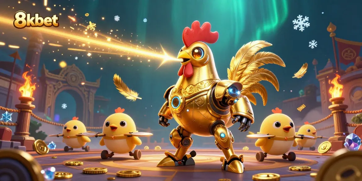 Experience thrilling gaming adventures at 8xbet with engaging visuals of the golden rooster robot and chick drones.