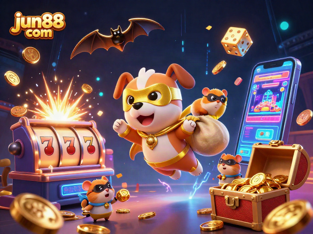 Experience the thrill of jun88 com with a superhero dog and vibrant casino elements!