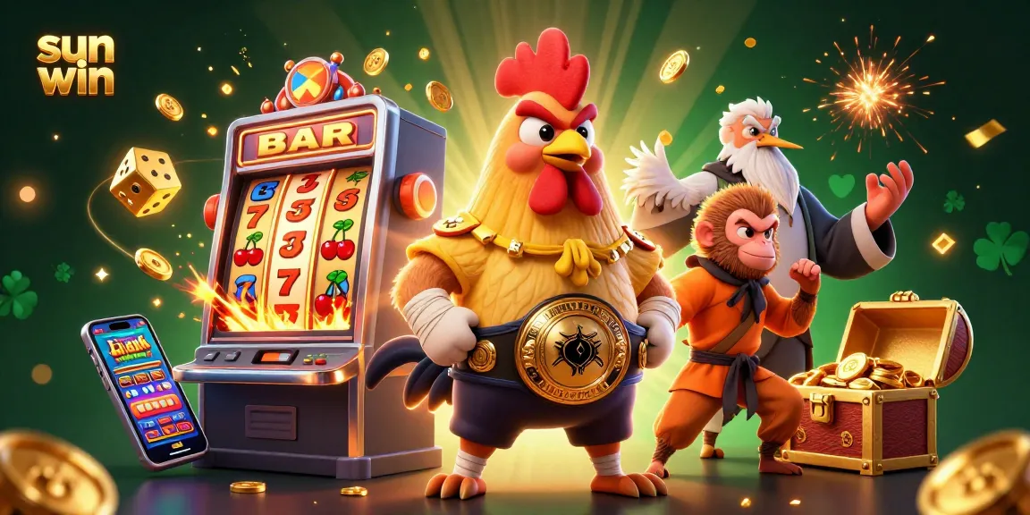 Win big with sun win in this vibrant casino scene featuring cartoon characters and slot games.