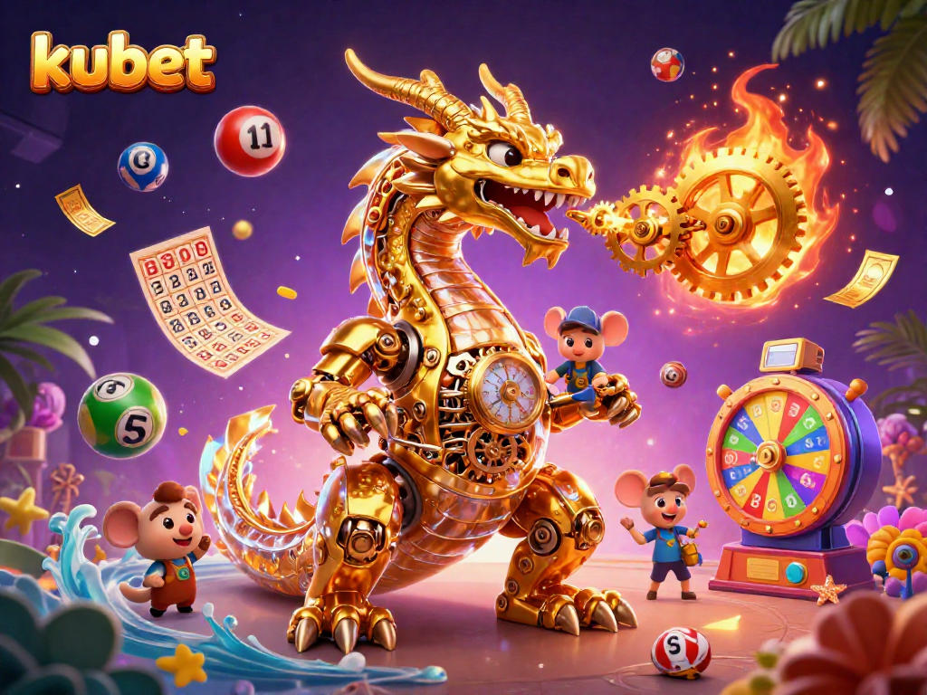 Engage with kubet's dynamic gaming scene featuring a golden dragon and colorful lottery elements.