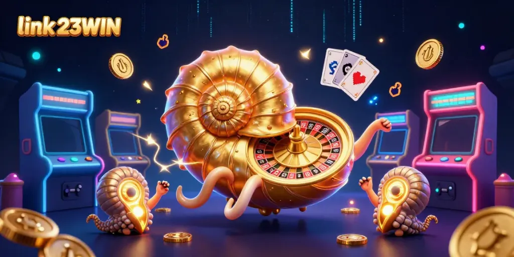 Engage with link 23WIN amid a vibrant casino world featuring a nautilus roulette wheel and glowing arcade elements.