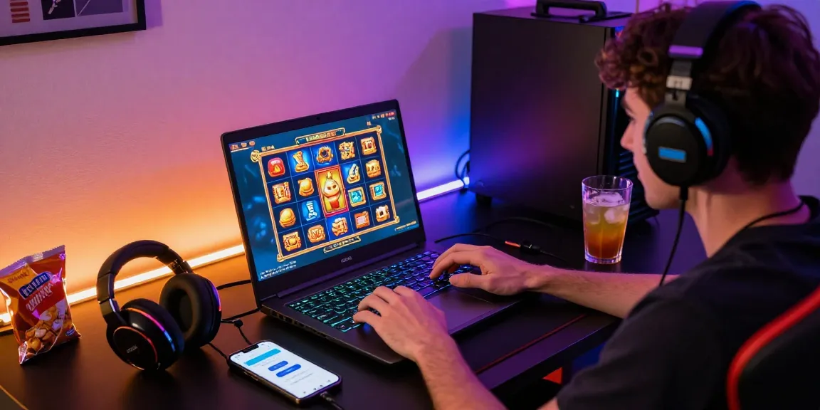 Immersive gaming setup showcasing depo pulsa 10k tanpa potongan in action with colorful slot game interface and dynamic lighting.