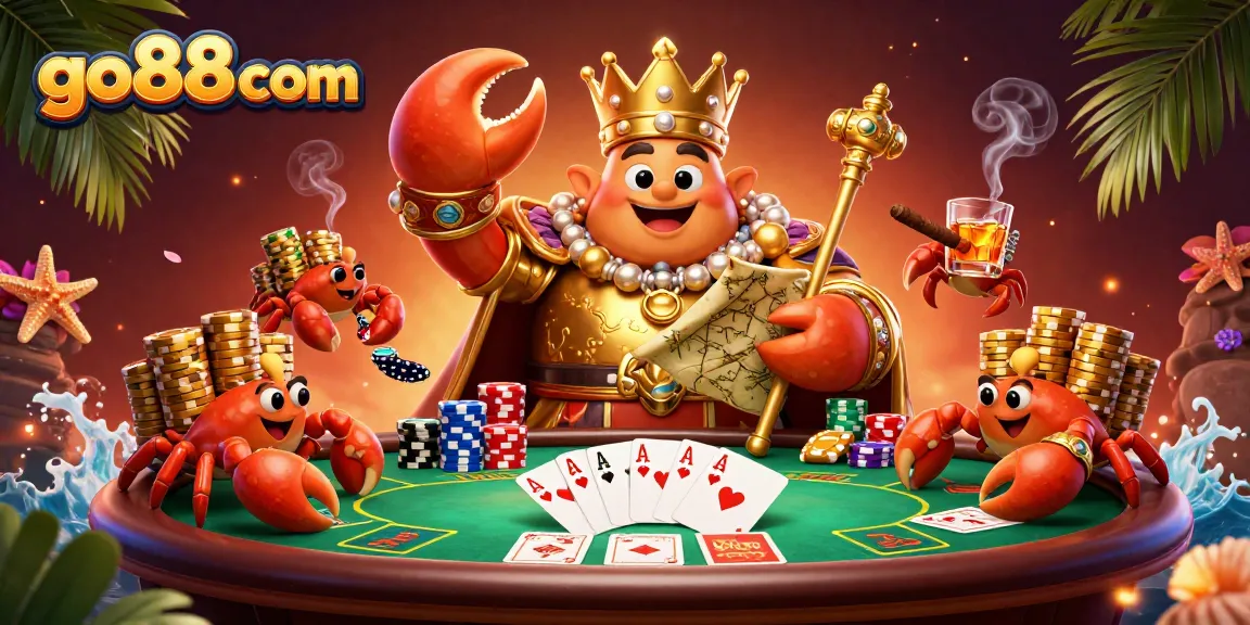 Win big at go88com with a vibrant gambling scene featuring a golden crab emperor and poker elements.
