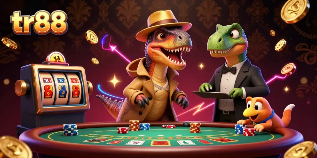 Experience thrilling gameplay at tr88 with a velociraptor card counter and a stegosaurus pit boss in a dynamic casino scene.