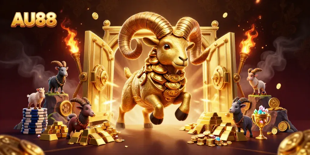 Experience the thrill of AU88 with a charging golden ram at a treasure vault.