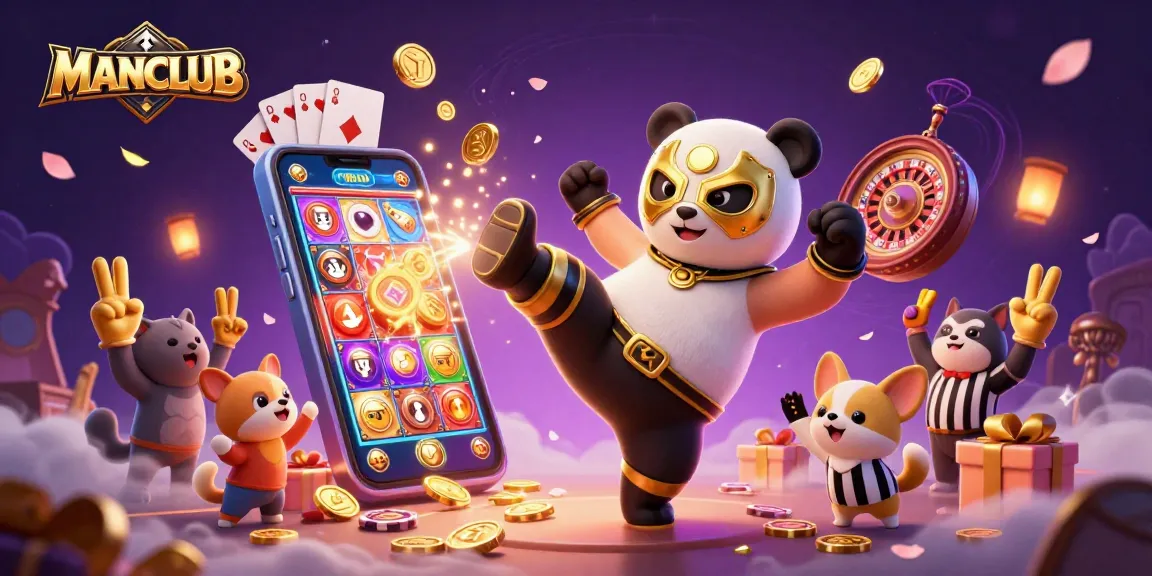 Engage with MANCLUB's vibrant casino adventure featuring a panda wrestler suspended in an action-packed slot game scene.