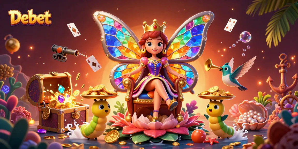 Engage with Debet's vibrant online casino experience featuring a butterfly queen and gaming treasures.