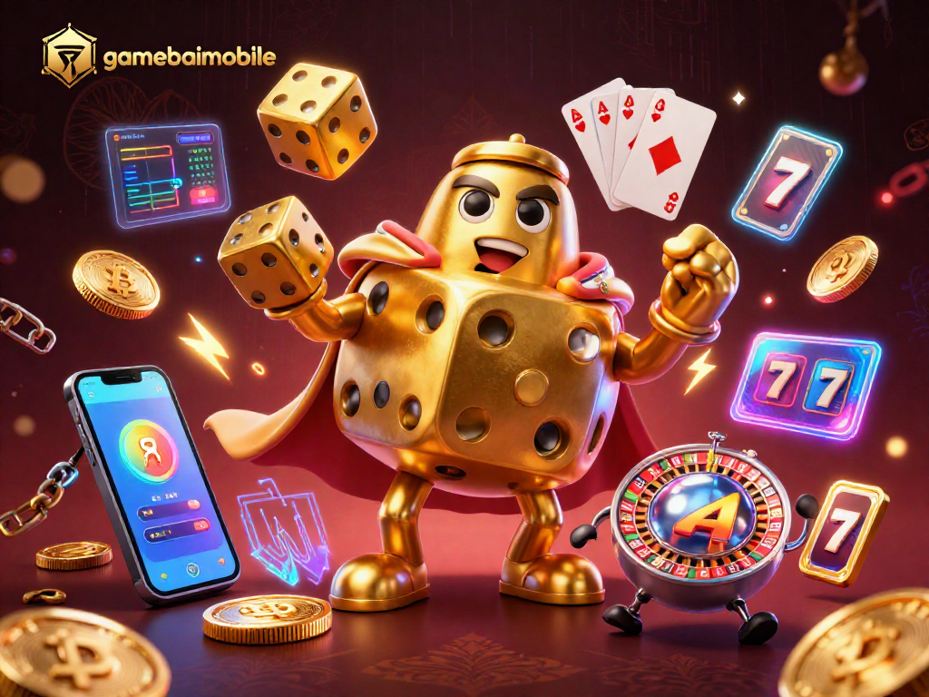 Celebrate winning moments with gamebaimobile's dazzling 3D casino illustration filled with dynamic game elements.