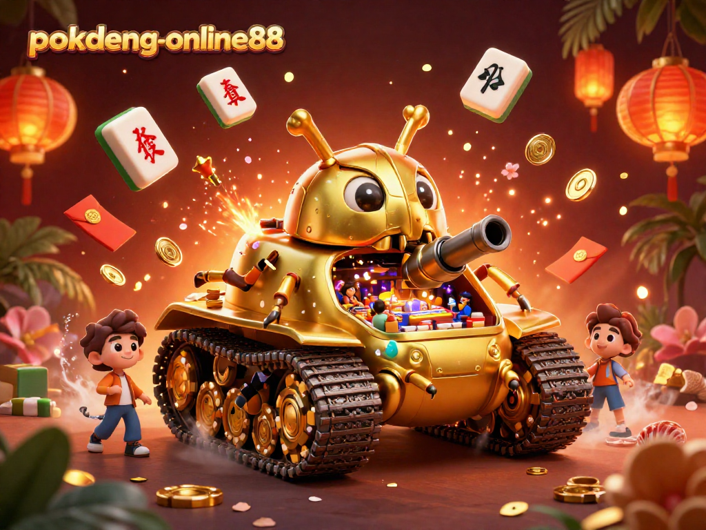 Experience the excitement of Pokdeng-online88 with a dynamic 3D casino beetle tank illustration.