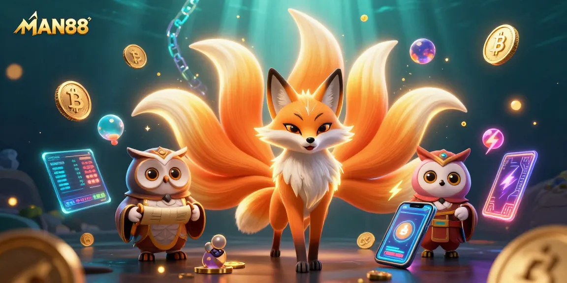 Engage with MAN88's vibrant gaming experience through animated spirits and crypto symbols.