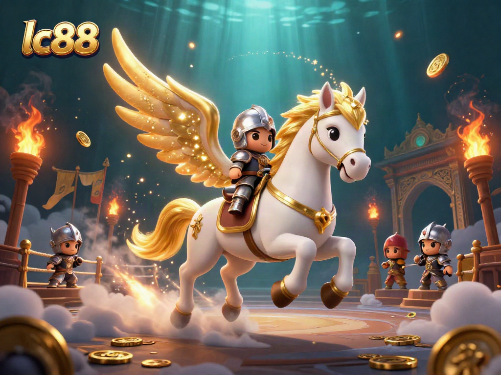 Experience immersive gambling excitement with lc88, featuring a celestial horse and knight in a vibrant casino scene.