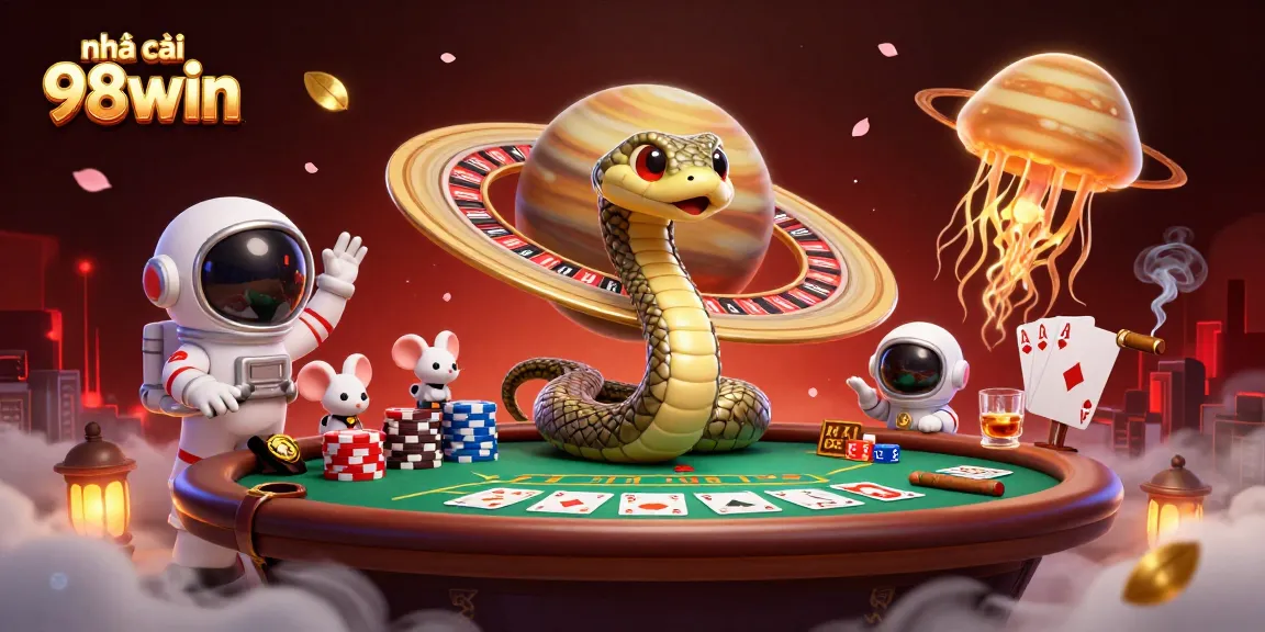 Engaging illustration of nhà cái 98win where mouse astronauts bet on Saturn's roulette-like rings, with vibrant casino elements.