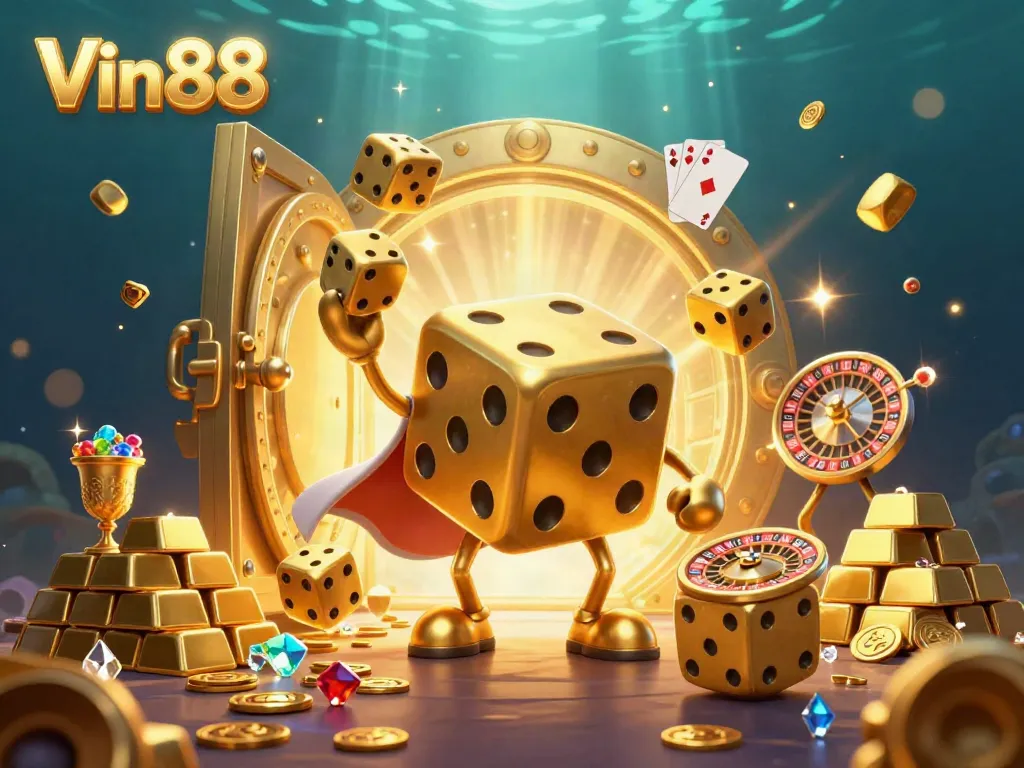 Spin to win with Vin88 as the golden dice golem juggles treasures in an underwater casino scene.