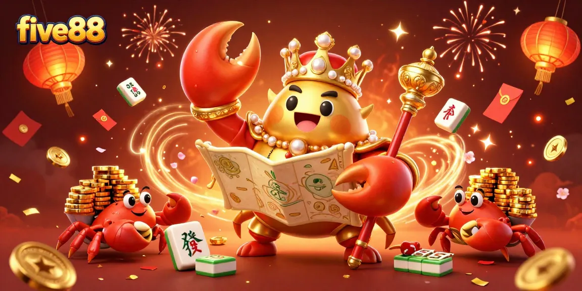 Experience the thrill of five88 with a vibrant 3D scene featuring a golden crab emperor and lively casino elements.
