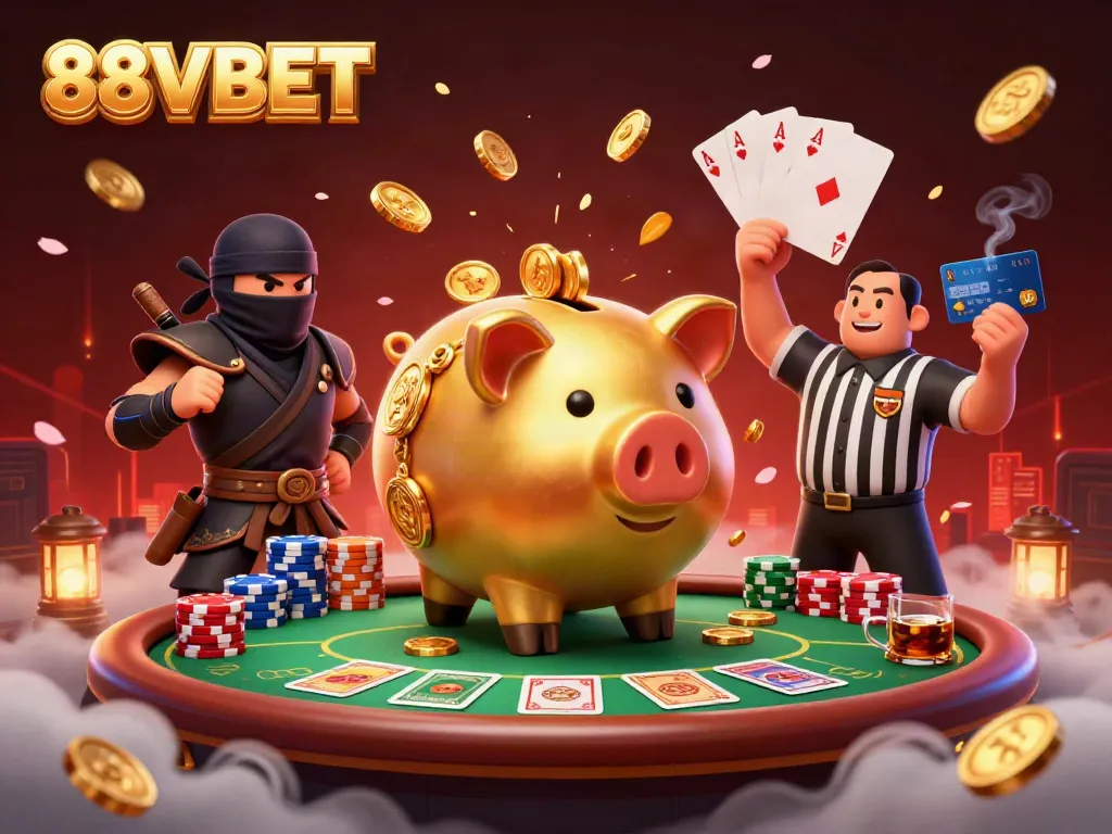 Experience thrilling gaming action with 88VBET as golden coins rain from a sumo wrestler's stomp amidst a vibrant casino scene.