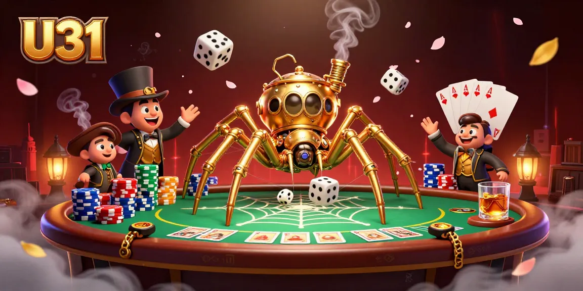 Play at U31 with a captivating steampunk display of golden poker chips and whimsical characters.