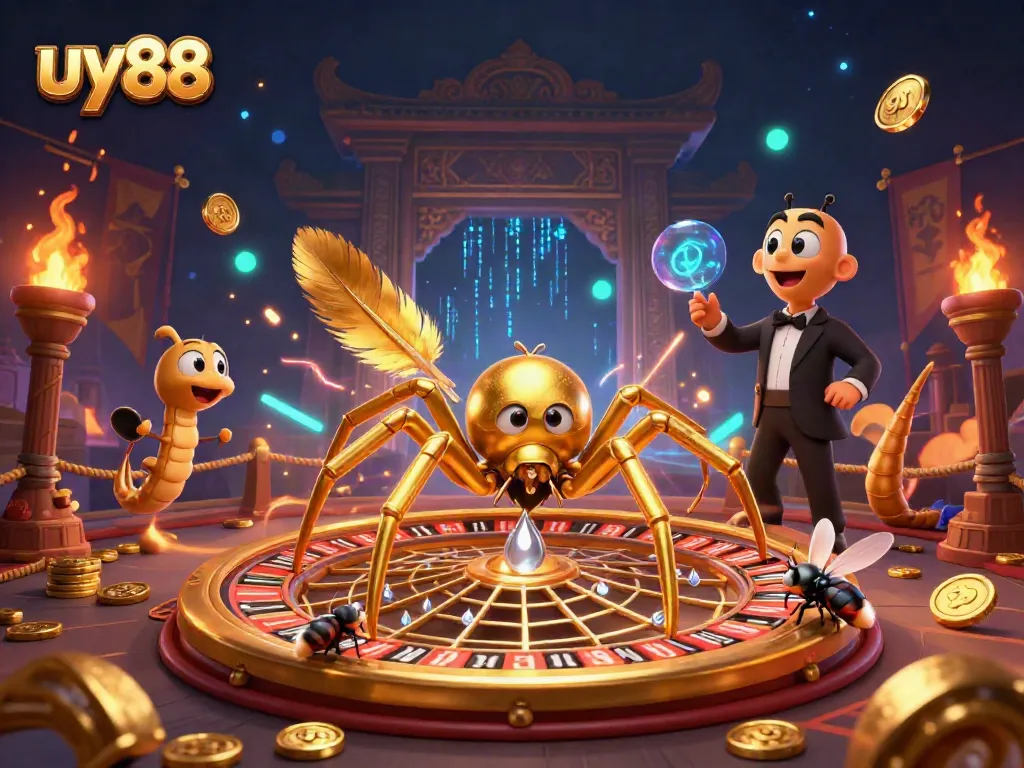 Experience winning at uy88 with a golden spider, roulette wheel, and thrill of betting.
