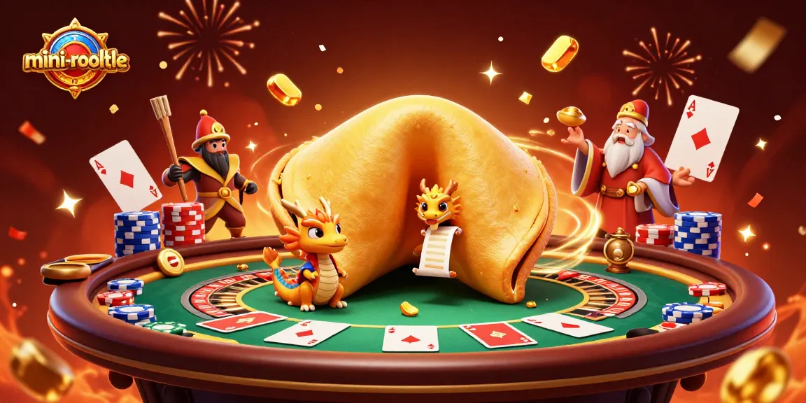 Experience thrilling mini-roulette action with a whimsical fortune cookie scene filled with vibrant casino elements.
