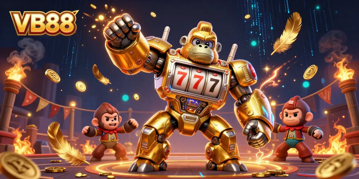 Engage with the dynamic VB88 scene, showcasing a golden gorilla mech and playful gambling elements.
