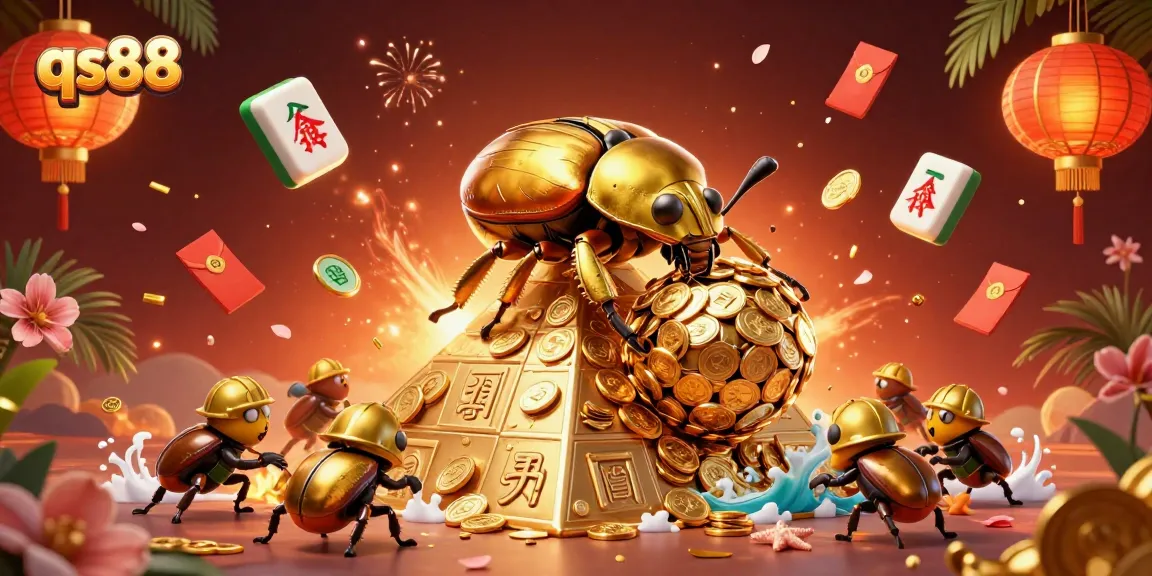 Experience the excitement of qs88 with golden beetles and casino symbols in a vibrant scene.