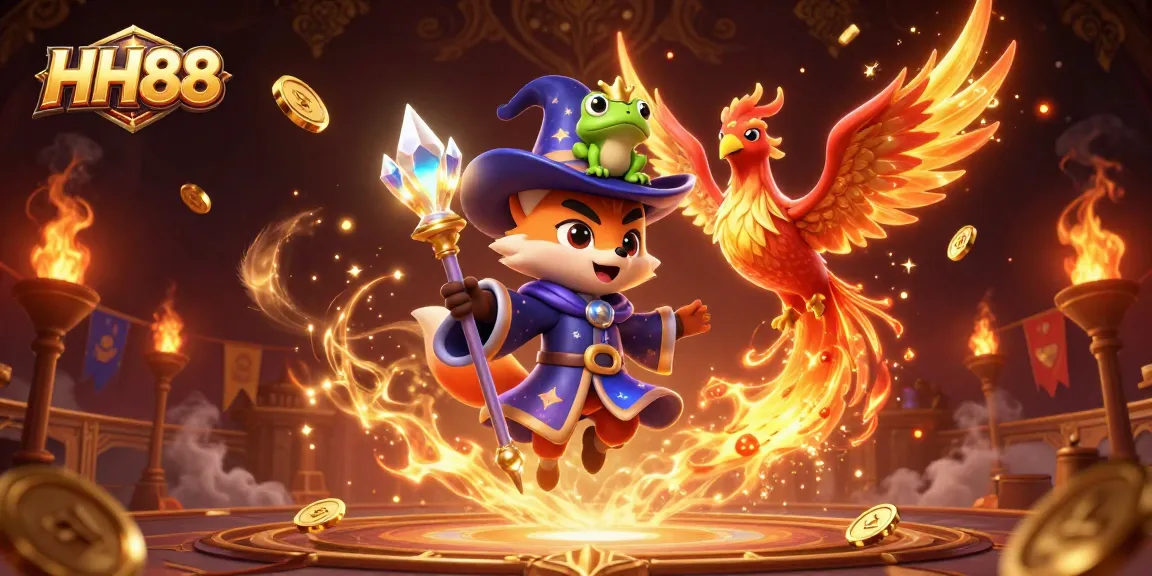 Win big at HH88 with a magical twist in this vibrant casino universe illustration.