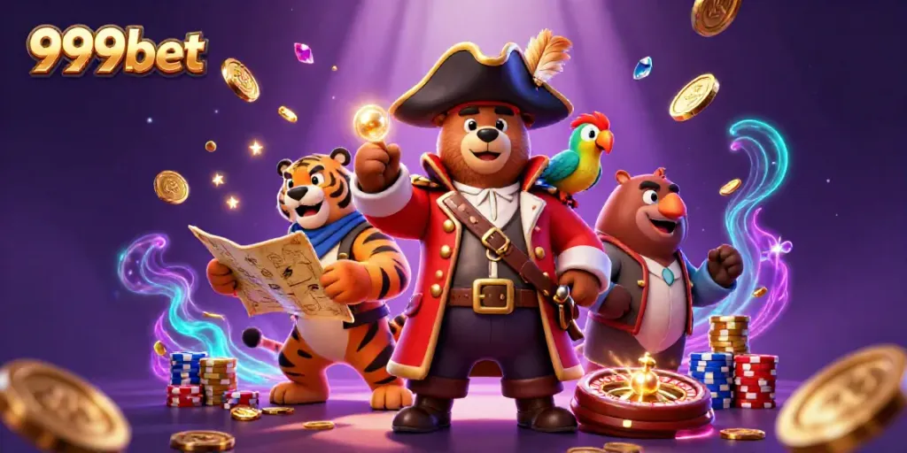 Experience the thrilling essence of 999bet with a vibrant pirate bear and tiger celebrating victories in a casino setting.