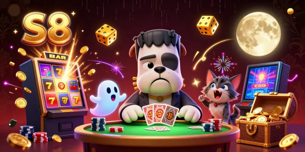 Experience the thrill of S8 Casino's vibrant gaming atmosphere with a cartoon-style illustration.