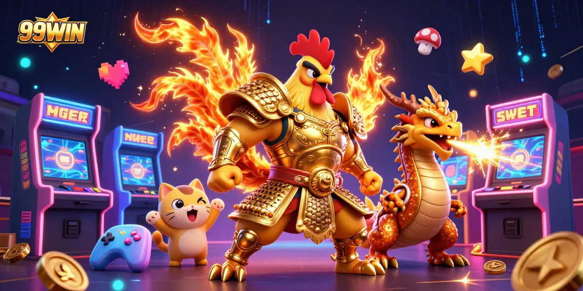 Engage with the thrilling world of 99WIN, showcasing a dynamic battle scene of vibrant gaming characters.
