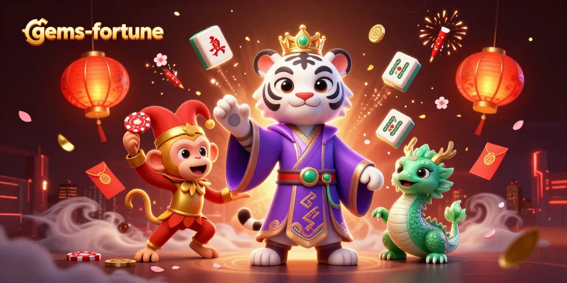 Engage in the fun with gems-fortune featuring a 3D tiger, monkey, and dragon in a vibrant casino scene.