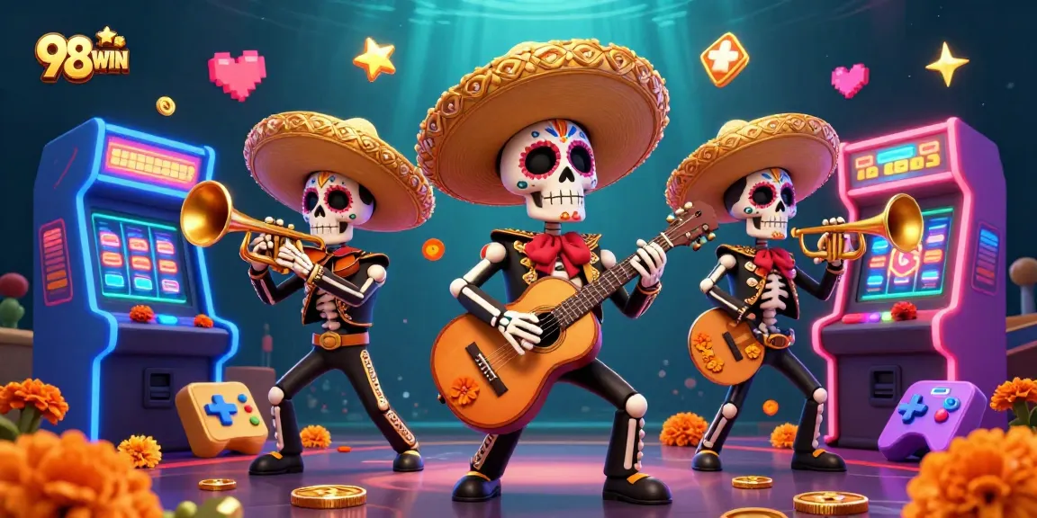 Spin and win with 98WIN's lively mariachi band in vibrant casino illustration.